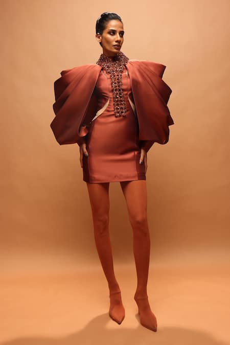 Pankaj & Nidhi Araquis Sculpted Oasis Cape With Dress 