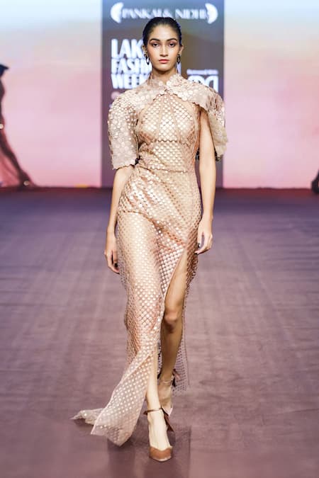 Buy_Pankaj & Nidhi_Gold Tulle, Silk Organza Applique High Araquis Andromeda Sheath Gown With Cape _Online_at_Aza_Fashions