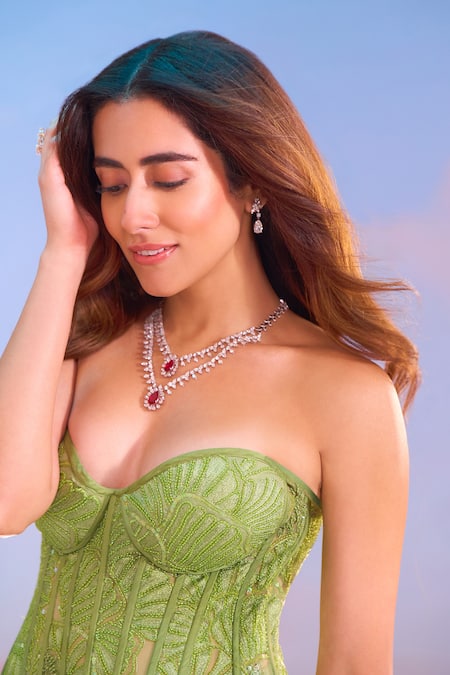 Buy_Mishru_Green Tulle, Satin Open Neck, Miren Embroidered Cape And Draped Skirt Set 