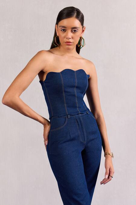 Zazu_Blue Denim Scalloped Corset And Pant Set _Online_at_Aza_Fashions