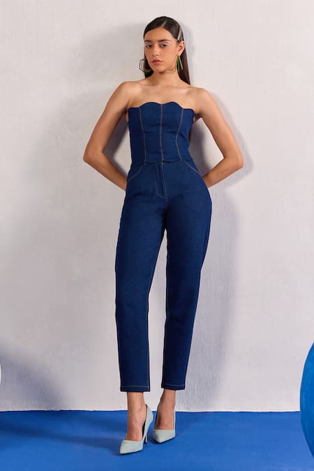 Buy_Zazu_Blue Denim Scalloped Corset And Pant Set _Online_at_Aza_Fashions