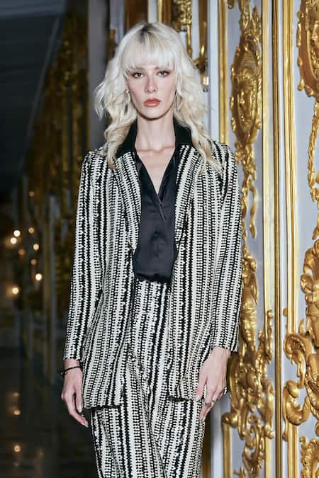 Dash And Dot_Black Polyester Sequins, Embroidery Textured Stripe Blazer And Skirt Set _at_Aza_Fashions