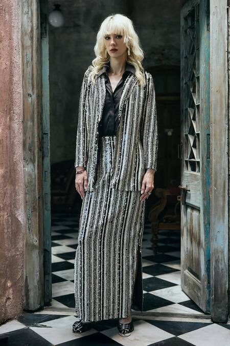 Buy_Dash And Dot_Black Polyester Sequins, Embroidery Textured Stripe Blazer And Skirt Set 