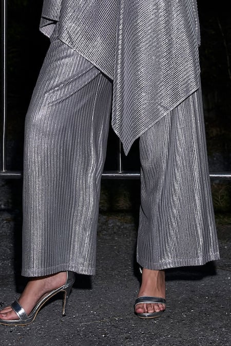 Dash And Dot_Silver Polyester Metallic Lace Pant _at_Aza_Fashions