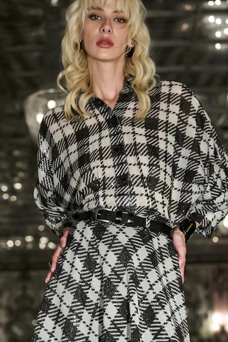 Shop_Dash And Dot_Black Polyester Sequins Collared Monochrome Work Draped Shirt _Online_at_Aza_Fashions