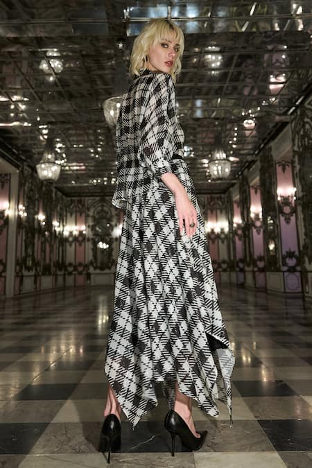 Dash And Dot_Black Polyester Sequins Collared Draped Shirt And Handkerchief Hem Skirt Set _Online_at_Aza_Fashions