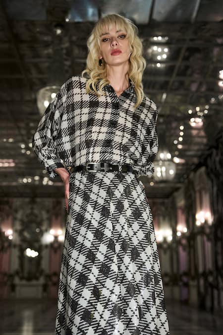 Buy_Dash And Dot_Black Polyester Sequins Collared Draped Shirt And Handkerchief Hem Skirt Set _Online_at_Aza_Fashions