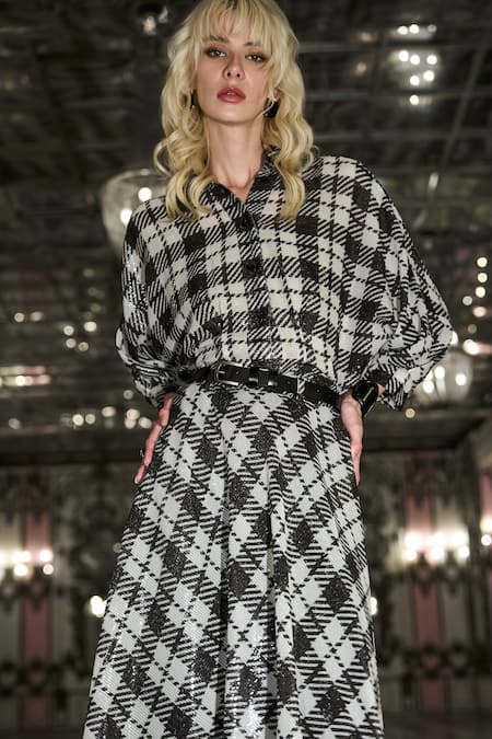 Shop_Dash And Dot_Black Polyester Sequins Collared Draped Shirt And Handkerchief Hem Skirt Set _Online_at_Aza_Fashions