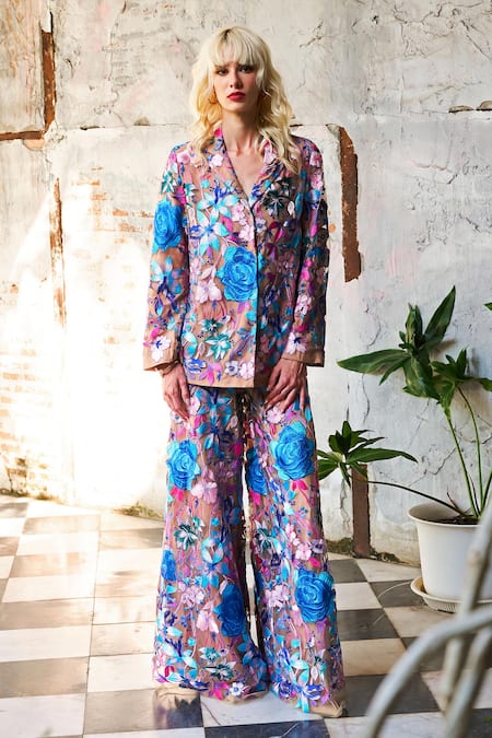 Dash And Dot Beige Polyester Embroidery Floral Blazer And Pant Set Online at Aza Fashions Dash And Dot_Beige Polyester Embroidery Floral Blazer And Pant Set _Online_at_Aza_Fashions