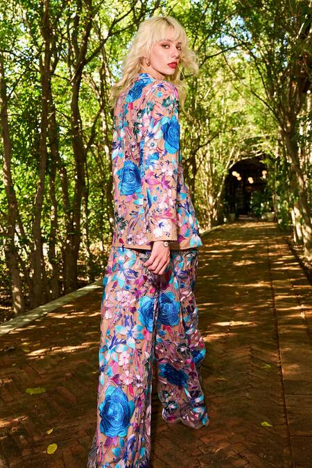 Dash And Dot Beige Polyester Embroidery Floral Blazer And Pant Set at Aza Fashions Dash And Dot_Beige Polyester Embroidery Floral Blazer And Pant Set _at_Aza_Fashions