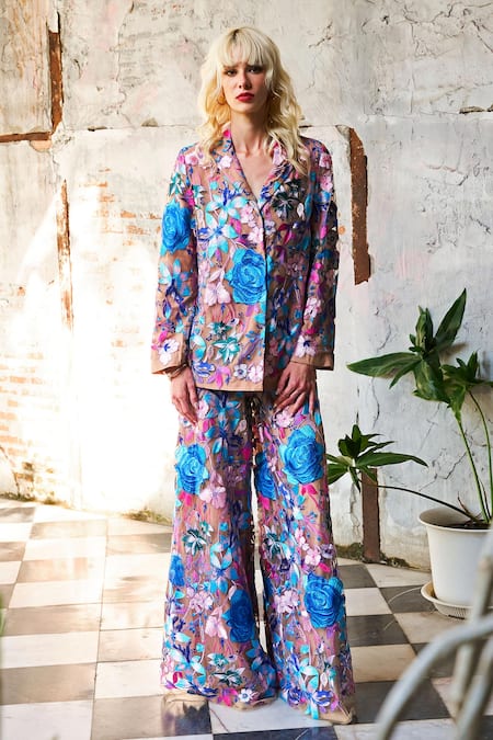 Dash And Dot_Multi Color Polyester Embroidery Floral Flared Pant _Online_at_Aza_Fashions