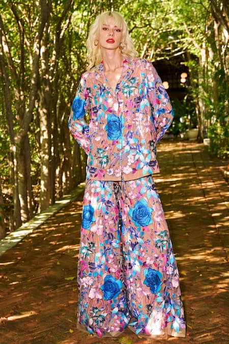 Buy_Dash And Dot_Multi Color Polyester Embroidery Floral Flared Pant _Online_at_Aza_Fashions