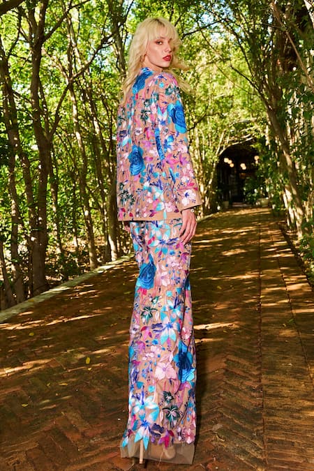 Dash And Dot_Multi Color Polyester Embroidery Floral Flared Pant _at_Aza_Fashions