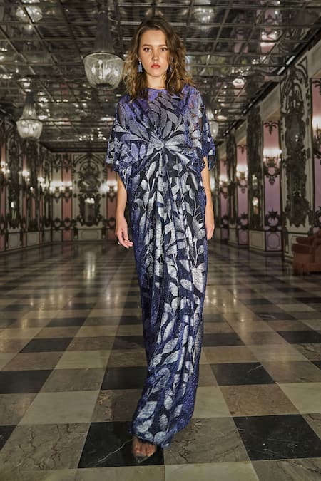 Dash And Dot_Blue Polyester Foil Printing Round Neck Draped And Pleated Kaftan _Online_at_Aza_Fashions