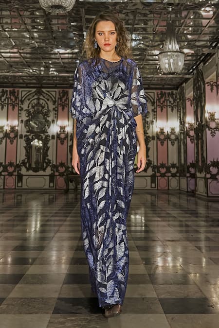 Buy_Dash And Dot_Blue Polyester Foil Printing Round Neck Draped And Pleated Kaftan _Online_at_Aza_Fashions