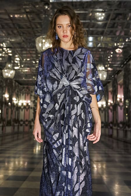 Shop_Dash And Dot_Blue Polyester Foil Printing Round Neck Draped And Pleated Kaftan _Online_at_Aza_Fashions