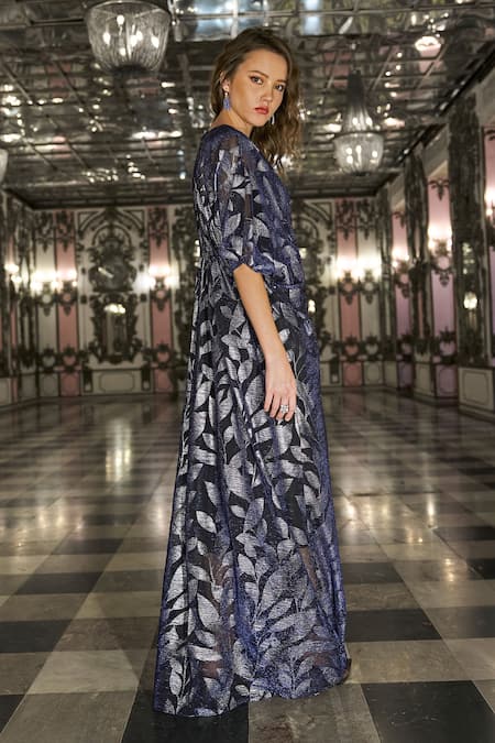 Dash And Dot_Blue Polyester Foil Printing Round Neck Draped And Pleated Kaftan _at_Aza_Fashions