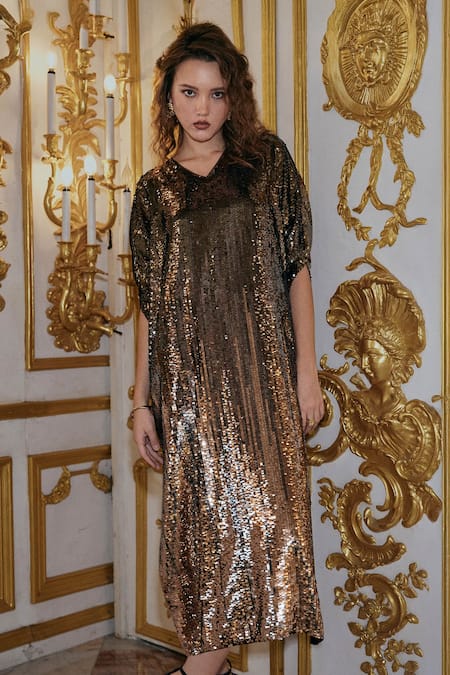 Shop_Dash And Dot_Gold Polyester Sequins V-neck Ombre Work Kaftan _Online_at_Aza_Fashions