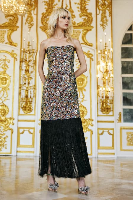 Buy_Dash And Dot_Multi Color Polyester Sequins, Fringe Sweetheart Neck Multicolour Dress _Online_at_Aza_Fashions