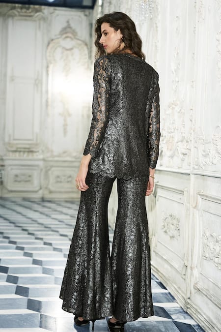 Dash And Dot Metallic Lace Peplum Top & Flared Pant Set 