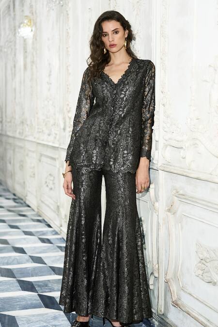 Shop_Dash And Dot_Grey Polyester Embroidery, Lace, Metallic Thread Flared Pant _Online_at_Aza_Fashions