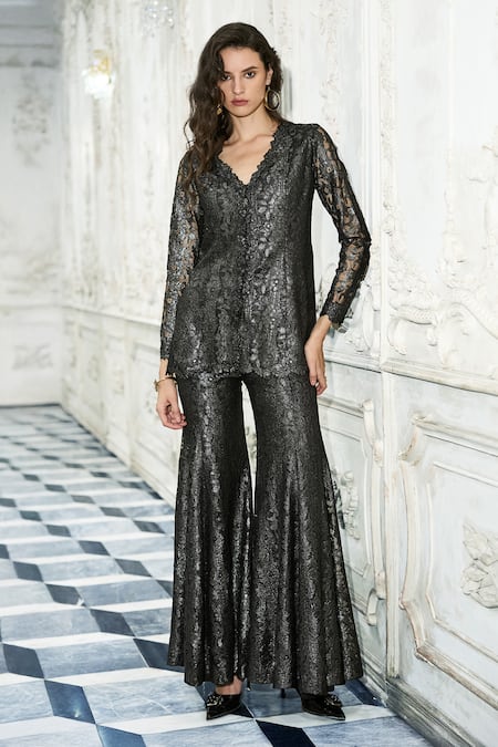 Dash And Dot Metallic Lace Flared Pant 