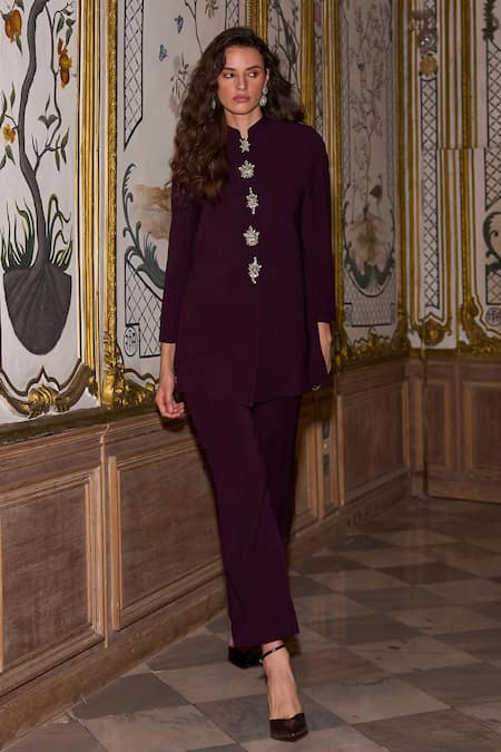 Dash And Dot_Purple Polyester, Crepe Crystals Mandarin Collar Button Top With Pant _at_Aza_Fashions