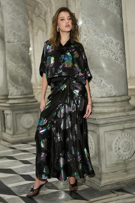 Dash And Dot_Black Polyester Foil Printing Collared Abstract Shirt _Online_at_Aza_Fashions