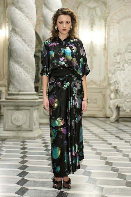 Dash And Dot Abstract Print Draped Skirt 