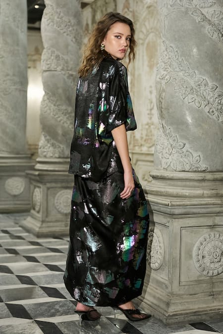 Dash And Dot_Multi Color Polyester Foil Printing Abstract Draped Skirt_Online_at_Aza_Fashions