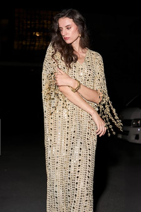 Dash And Dot_Ivory Polyester Mirrors, Metallic Thread, Chains V-neck Embroidered Kaftan Dress _Online_at_Aza_Fashions