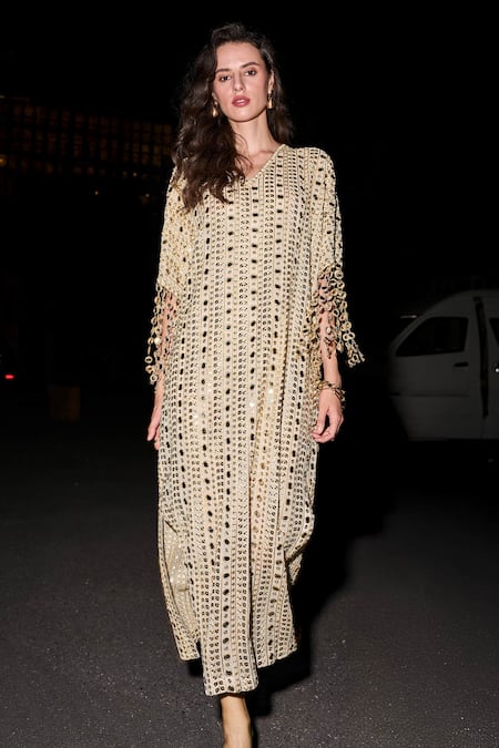 Buy_Dash And Dot_Ivory Polyester Mirrors, Metallic Thread, Chains V-neck Embroidered Kaftan Dress _Online_at_Aza_Fashions