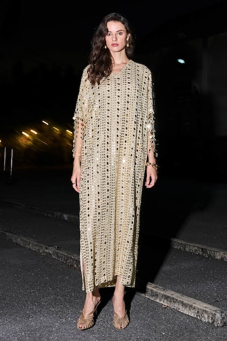 Dash And Dot_Ivory Polyester Mirrors, Metallic Thread, Chains V-neck Embroidered Kaftan Dress _at_Aza_Fashions