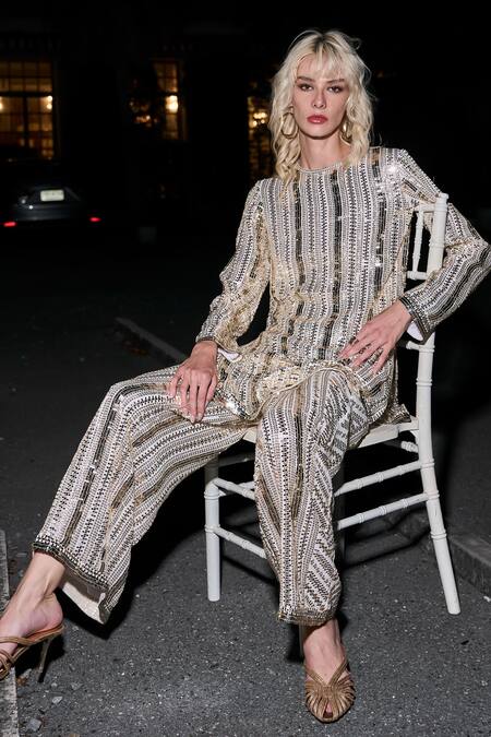 Dash And Dot Ivory Polyester Sequins, Embroidery Round Neck Gold Work Top at Aza Fashions Dash And Dot_Ivory Polyester Sequins, Embroidery Round Neck Gold Work Top _at_Aza_Fashions