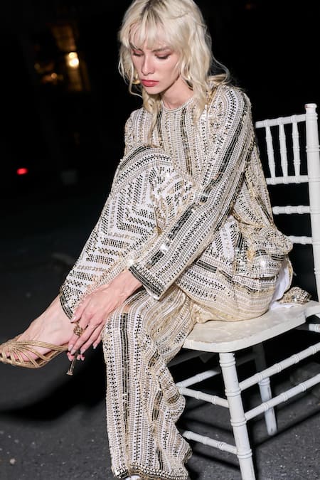 Buy_Dash And Dot_Ivory Polyester Sequins, Embroidery, Pearls Round Neck Gold Top And Pant Set _Online_at_Aza_Fashions