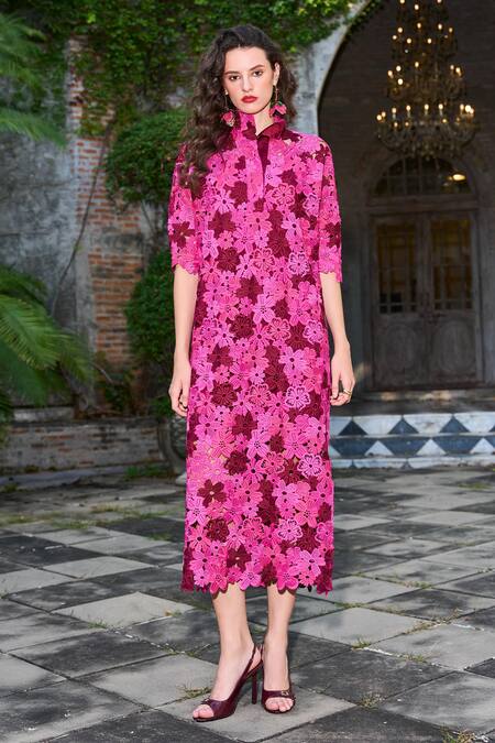 Buy_Dash And Dot_Fuchsia Polyester Lace Collared Floral Pattern Dress _Online_at_Aza_Fashions