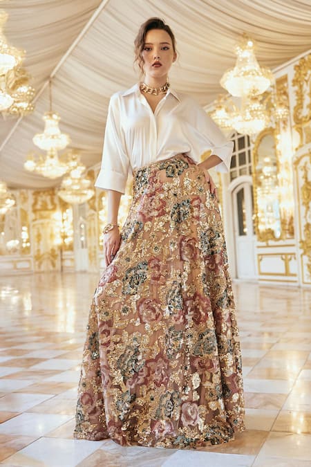 Dash And Dot Ivory Shirt & Floral Sequin Work Skirt Set