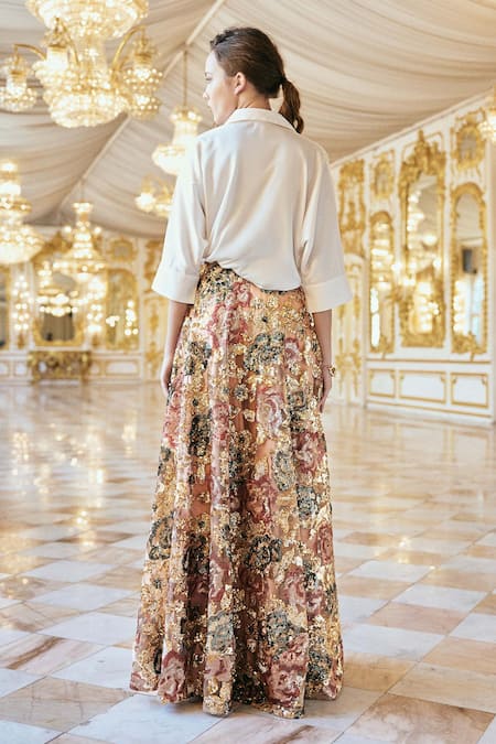 Dash And Dot Floral Sequin Work Maxi Skirt 