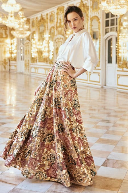 Dash And Dot_Multi Color Polyester Sequins, Embroidery Floral Work Maxi Skirt _Online_at_Aza_Fashions