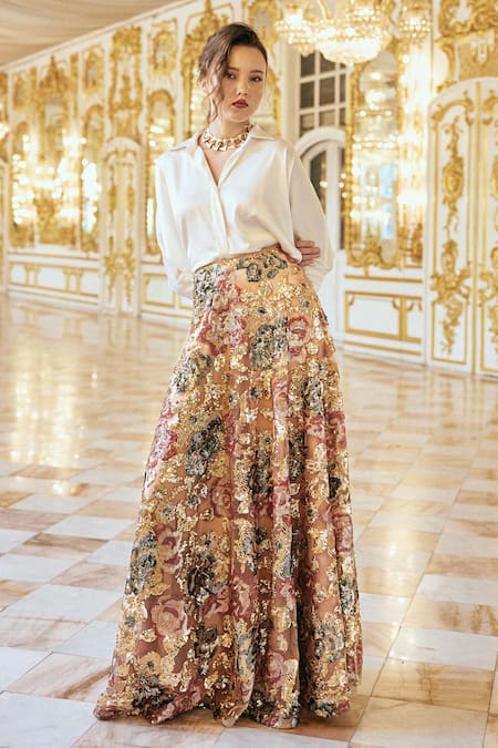 Dash And Dot Floral Sequin Work Maxi Skirt 
