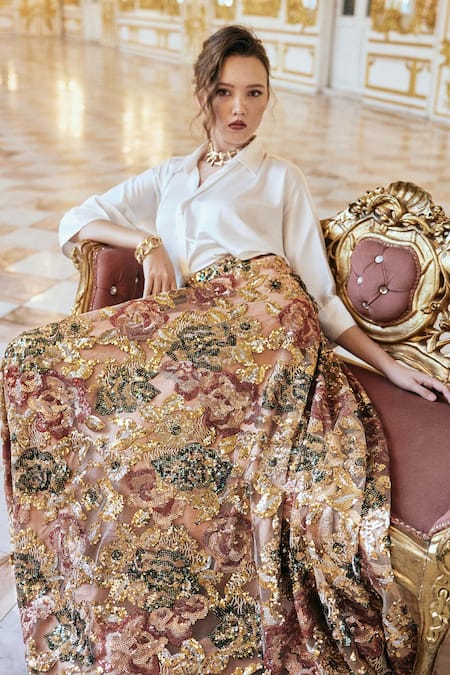 Buy_Dash And Dot_Multi Color Polyester Sequins, Embroidery Floral Work Maxi Skirt _Online_at_Aza_Fashions