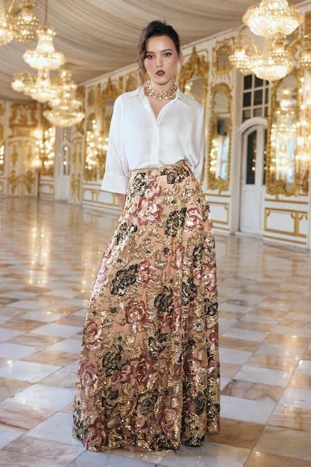 Shop_Dash And Dot_Multi Color Polyester Sequins, Embroidery Floral Work Maxi Skirt _Online_at_Aza_Fashions