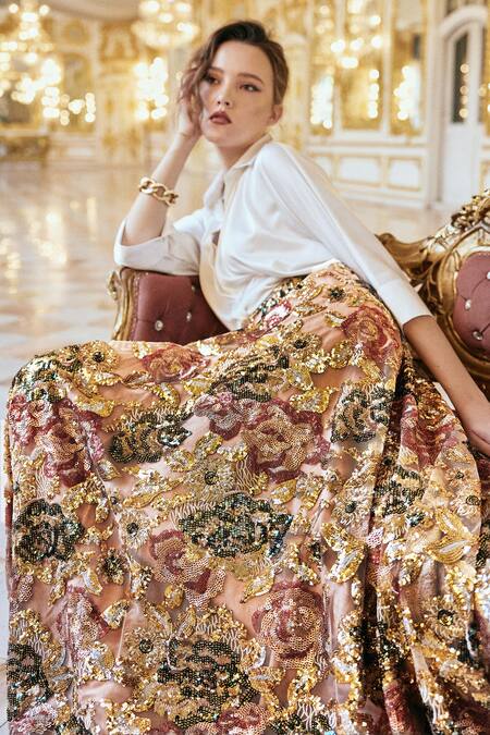 Dash And Dot_Multi Color Polyester Sequins, Embroidery Floral Work Maxi Skirt _at_Aza_Fashions