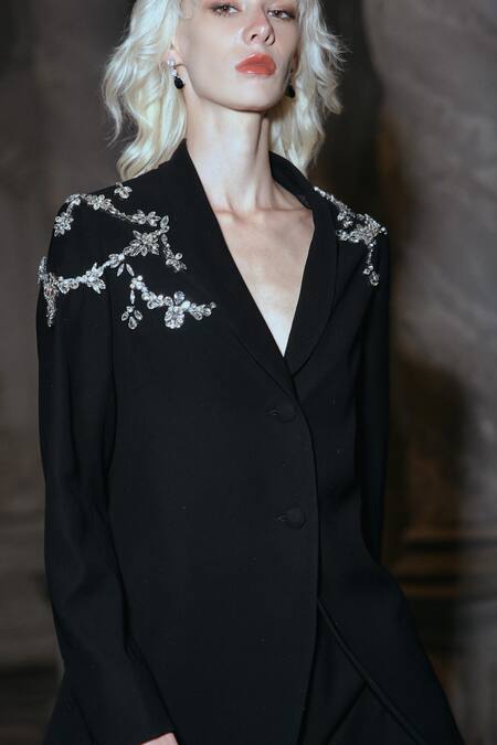 Dash And Dot_Black Polyester Crystals Embellished Blazer _Online_at_Aza_Fashions