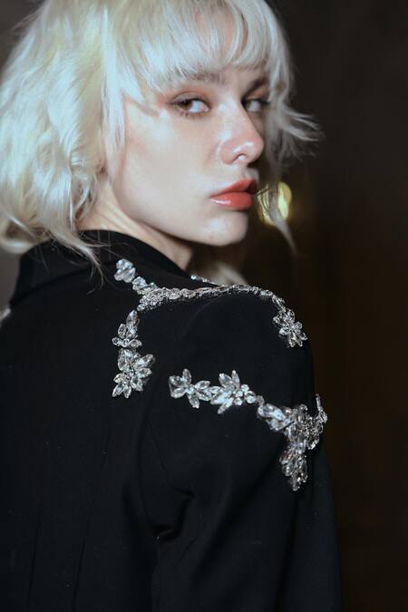 Buy_Dash And Dot_Black Polyester Crystals Embellished Blazer _Online_at_Aza_Fashions