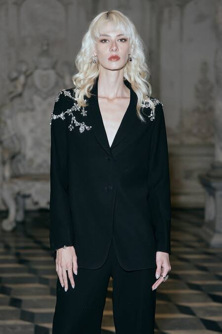 Shop_Dash And Dot_Black Polyester Crystals Embellished Blazer 