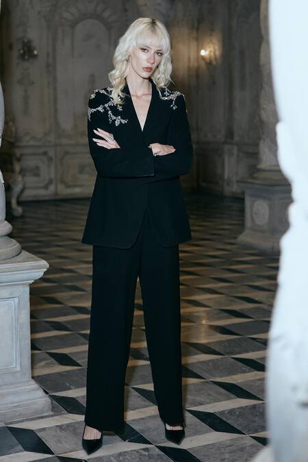 Dash And Dot_Black Polyester Crystals Embellished Blazer With Pant _at_Aza_Fashions