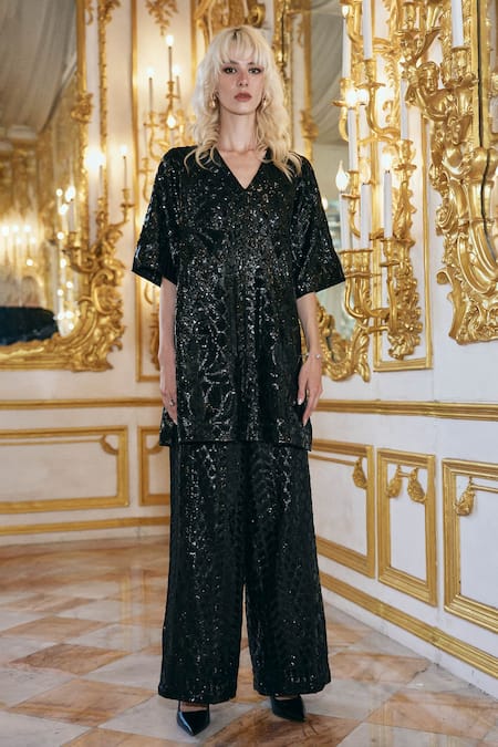 Shop_Dash And Dot_Black Polyester Sequins V-neck Embroidered Pant Set _Online_at_Aza_Fashions