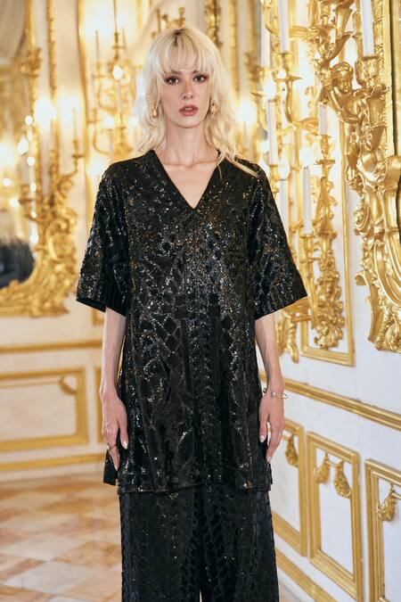 Dash And Dot_Black Polyester Sequins V-neck Embroidered Pant Set _at_Aza_Fashions