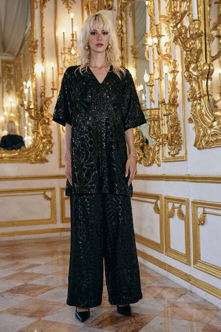 Shop_Dash And Dot_Black Polyester Sequins Embroidered Pant _Online_at_Aza_Fashions